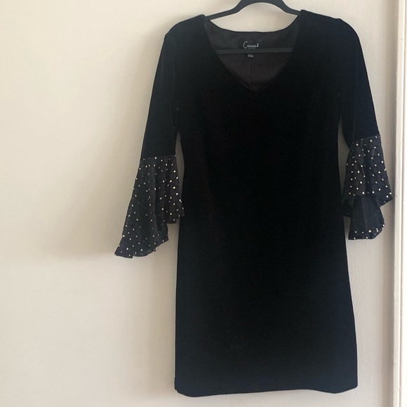 Macy’s Connected Black Velvet Sequin Gold Sleeve Dress Size Large - Picture 4 of 8